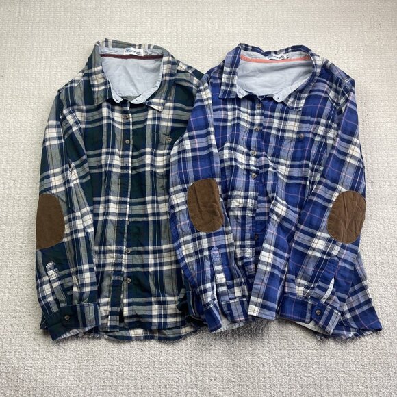 Lot x2 Blue Crush Plus Lumberjack Camp Flannel Plaid Button Up 3X Elbow Patch - Picture 1 of 12